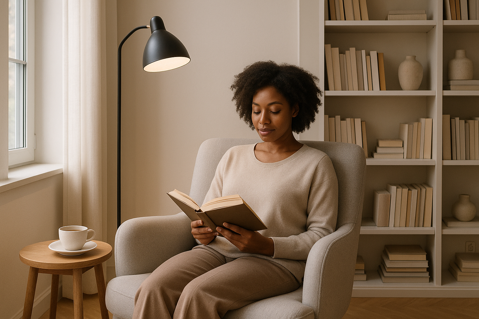 Elegant modern reading area with African American woman